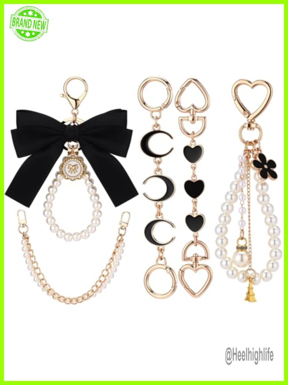 5 Pc Bag Extender Chain Pearl Bow Purse Charm Set